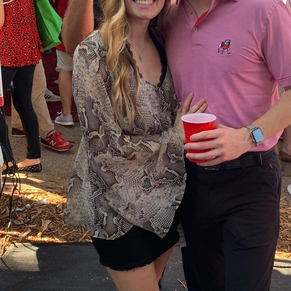 Show Me Your MuMu Long Sleeve Reptile Snake Print Blouse Bell Sleeve Deep V Neck - Picture 3 of 12